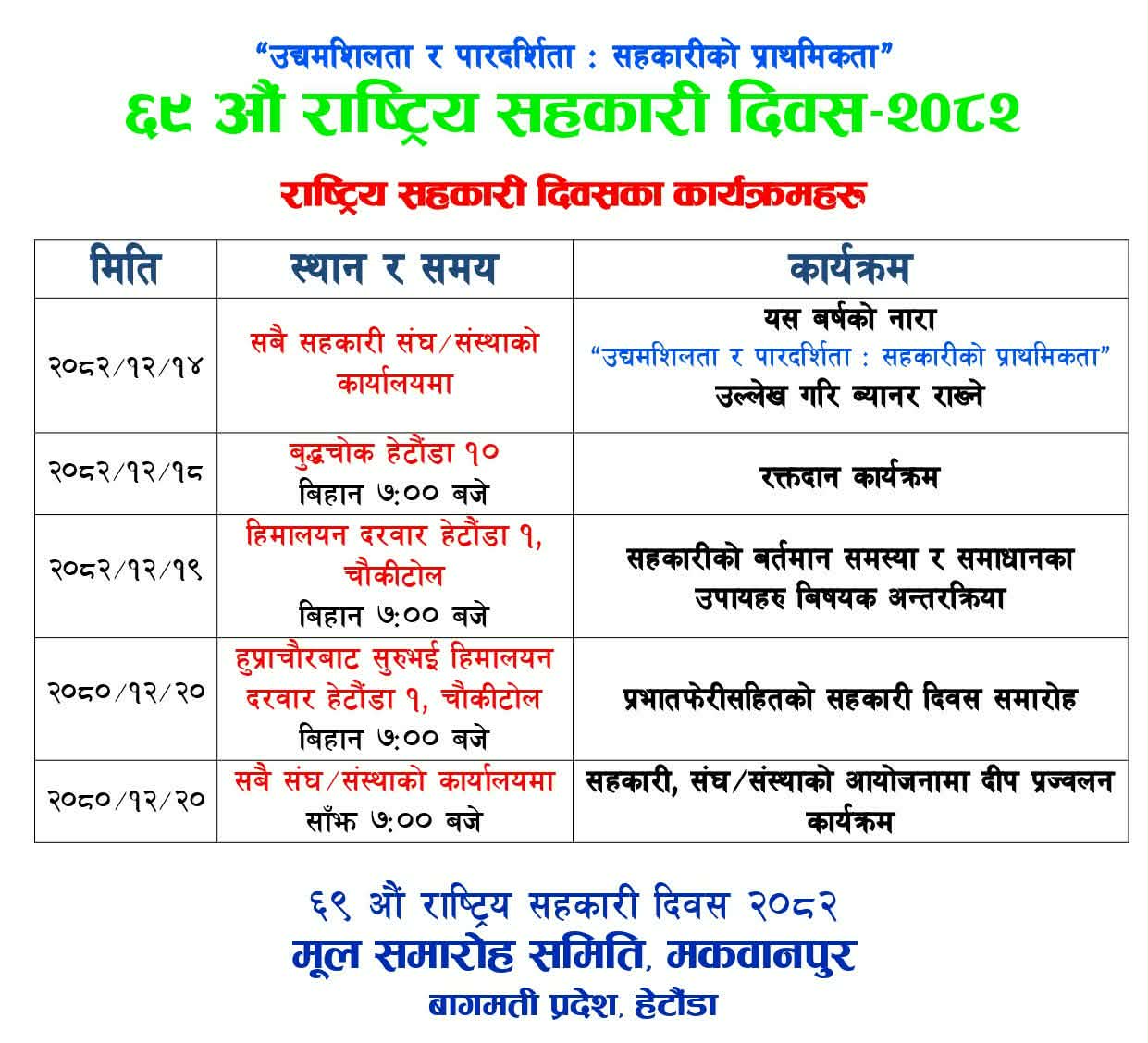 मकवानपुरमा विविध कार्यक्रमका साथ सहकारी दिवस मनाइने